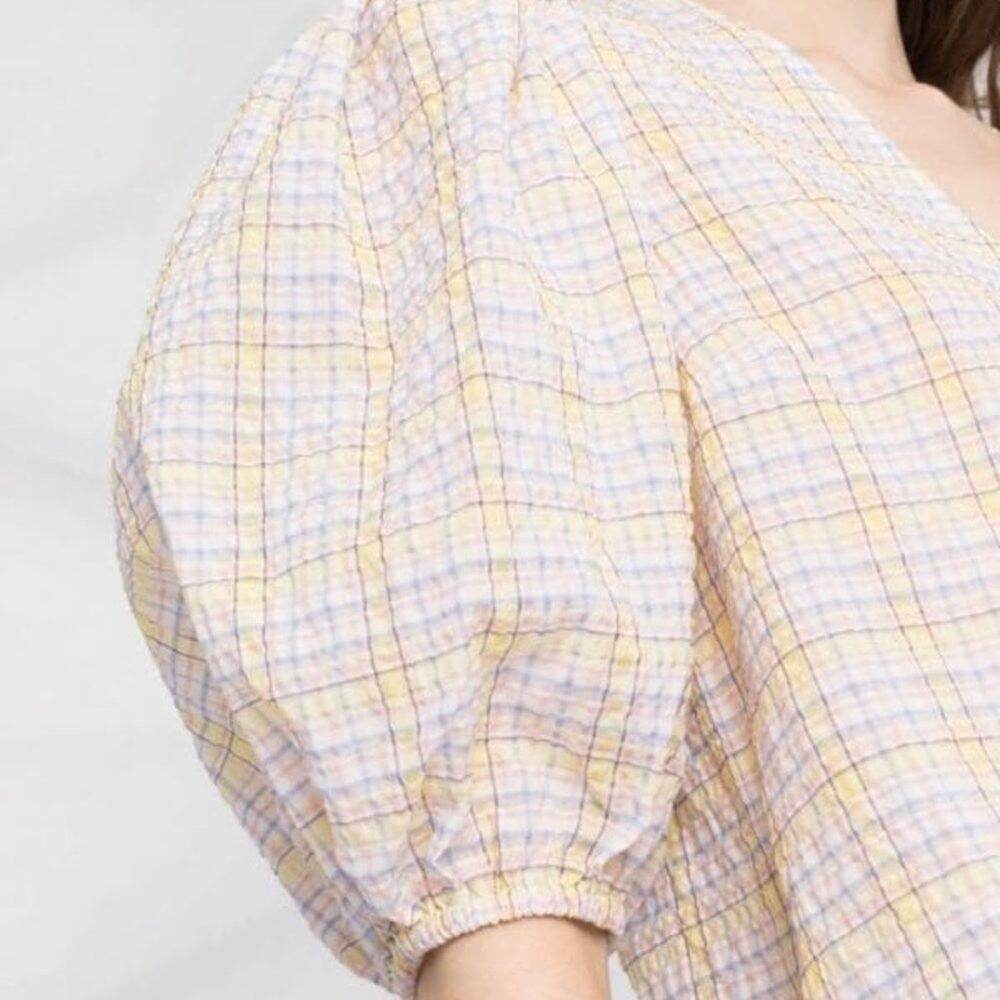 GANNI Seersucker Check Print Puff Sleeve Midi Dress - Picture 6 of 14